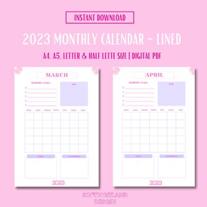 Calendario forrado mensual 2023 imprimible con metas y notas, mes fechado en 1 página, calendario 2023, A4/A5/carta/mitad, descarga instantánea