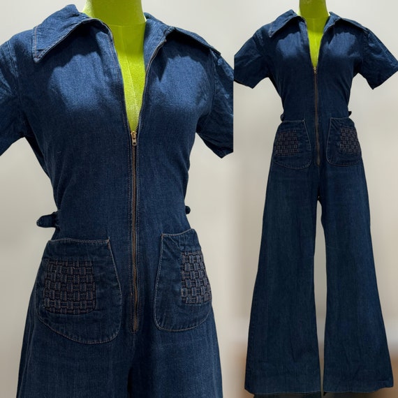 VINTAGE  70s Denim Wide Leg Jumpsuit (S-M, 28" Wa… - image 2