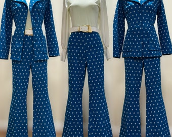 VINTAGE 1960s 70s Blue, Polka Dot Wide Leg 2Pc Pantsuit (M, 29"-33" Waist)/ 60s 70s, mod, office, suit, outfit set, flare, wide leg