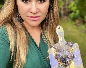 Luksusowa dekoracja ścienna z żywicy kryształowej | Dekoracja inspirowana ametystową geodą | Ręcznie robione złote liście | Elegancka duchowość