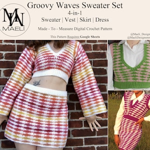 Groovy Waves Sweater Set 4-in-1 Sweater, Vest, Skirt, Dress - Digital Crochet Pattern - Size Inclusive - MAELI Designs