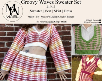 Groovy Waves Sweater Set 4-in-1 Sweater, Vest, Skirt, Dress - Digital Crochet Pattern - Size Inclusive - MAELI Designs