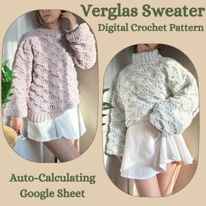 Pode incluir: Duas mulheres vestindo um suéter de crochê em rosa e cinza. O suéter tem um padrão de ponto único em forma de leque. O texto "Verglas Sweater Digital Crochet Pattern" está no topo da imagem. O texto "Auto-Calculating Google Sheet" está na parte inferior da imagem.