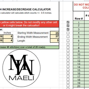 Könnte beinhalten: Eine Tabellenkalkulation mit einem Maschen-Zunahme-/Abnahme-Rechner. Der Rechner hat eine Maschenweite von 16 Maschen pro 4 Zoll. Die Startbreite beträgt 25 Zoll, die Endbreite 37 Zoll und die Länge 5 Zoll. Der Rechner zeigt, dass 48 Maschen über insgesamt 20 Reihen erhöht werden müssen. Die Tabellenkalkulation hat auch eine Spalte für die Reihennummer und eine Spalte für die Anzahl der zu erhöhenden Maschen.