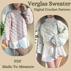 May include: Digital crochet pattern for a sweater called "Verglas Sweater". The pattern is available as a PDF download and is made-to-measure. The image shows two models wearing the sweater in different colors: pink and light gray.