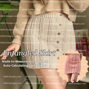 May include: A beige crocheted skirt with buttons down the front. The skirt is made to measure with an optional auto-calculating spreadsheet. The image also shows a pink crocheted skirt.