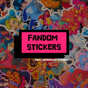 May include: A collection of colourful vinyl waterproof stickers featuring various cartoon characters and designs. The stickers are arranged in a random pattern and include a sticker with the text "FANDOM STICKERS".