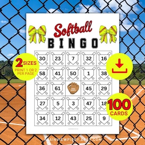 Puede incluir: Tarjeta de juego de bingo de softbol con una cuadrícula de números y gráficos de bates de béisbol. El título "Softball Bingo" está en escritura roja. Incluye texto para 2 tamaños, 100 cartas y un icono de descarga.