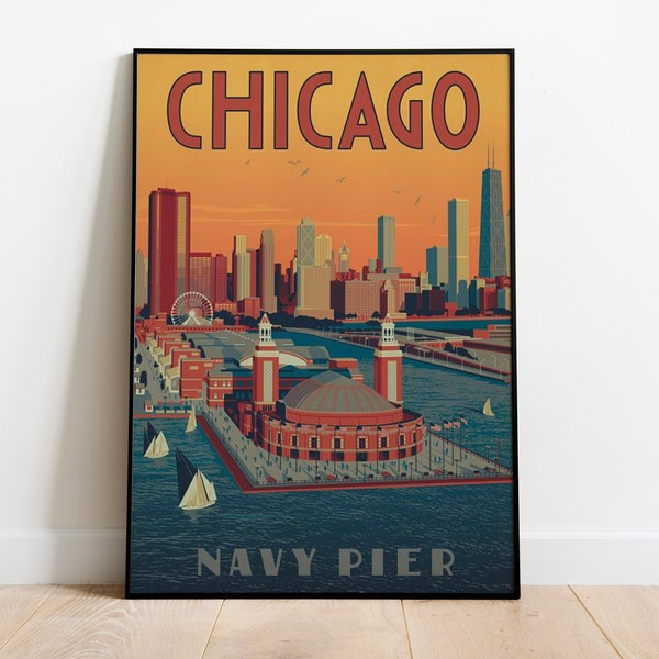 Chicago Navy Pier Travel Poster, America Famous City Travel Print, US Vintage Retro Travel Poster