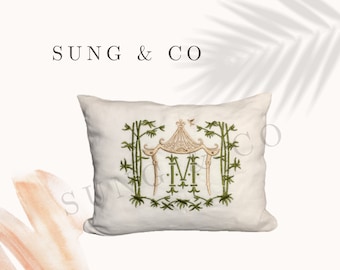 May include: White pillow with green embroidered bamboo and a pagoda with the letter "M" inside. The text "SUNG & CO" is at the top of the image.