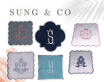 Monogrammed Linen Coaster Set, Scalloped Cocktail Napkins