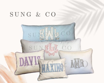 Linen Applique Monogram Pillow Cover, Personalized Embroidered Pillow
