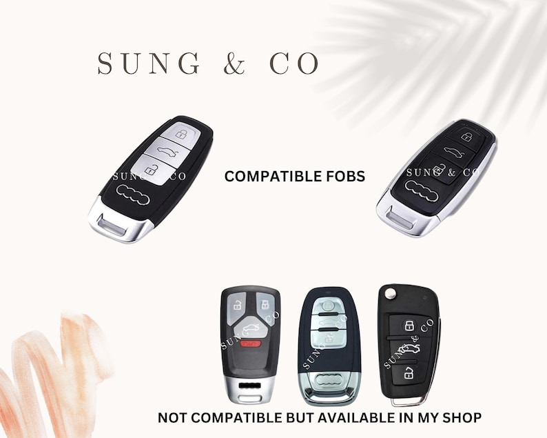 May include: Four different car key fobs, two are compatible and two are not. The compatible fobs are black with silver accents and the incompatible fobs are black with red accents. The text "COMPATIBLE FOBS" and "NOT COMPATIBLE BUT AVAILABLE IN MY SHOP" is displayed on the image.