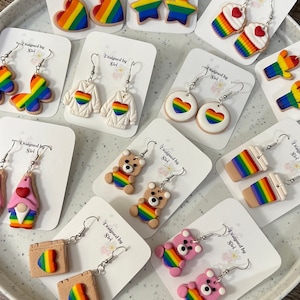 Pride Month Earrings, Rainbow Heart Earrings Made of Polymer Clay and Silver Fish Hook Wires, Dangle Bear Earrings, Rainbow Cupcake Earrings
