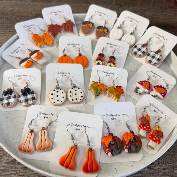 Fall Sugar Cookie Earrings Polymer Clay Cute Dangle Handmade Mushroom Jewelry, Fall Leaf Acorn Coffee Mug Pumpkin Spice Latte Earrings,