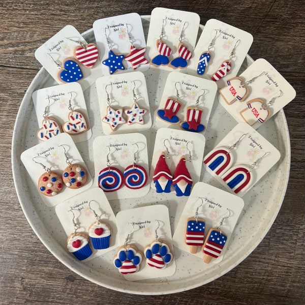 Patriotic Earrings 4th of July Polymer Clay, USA Flag Sugar Cookie Earrings, Light Weight Jewelry Silver Fish Hook Wires Red White Blue Star