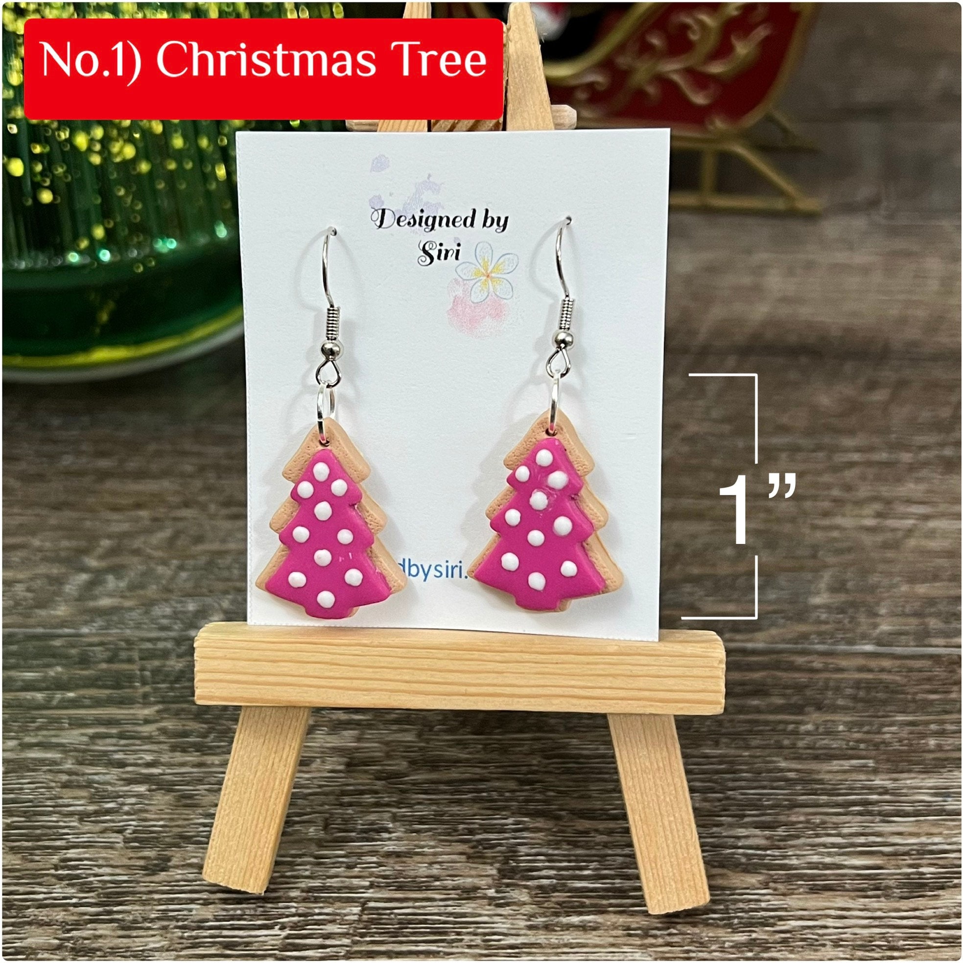 Pink Christmas Earrings, Snowman Earrings Clay, Fish Hook Wires Dangle Sugar Cookie Handmade Jewelry, Pine Tree Christmas Tree Earrings