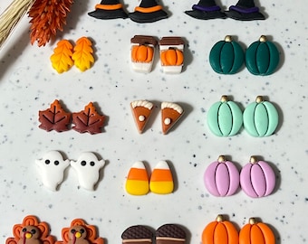 Fall Halloween Stud Earrings Made of Polymer Clay 0.5 Inch with Silver Color Stud Posts, Ghost Earrings, Turkey Earrings,Candy Corn Earrings
