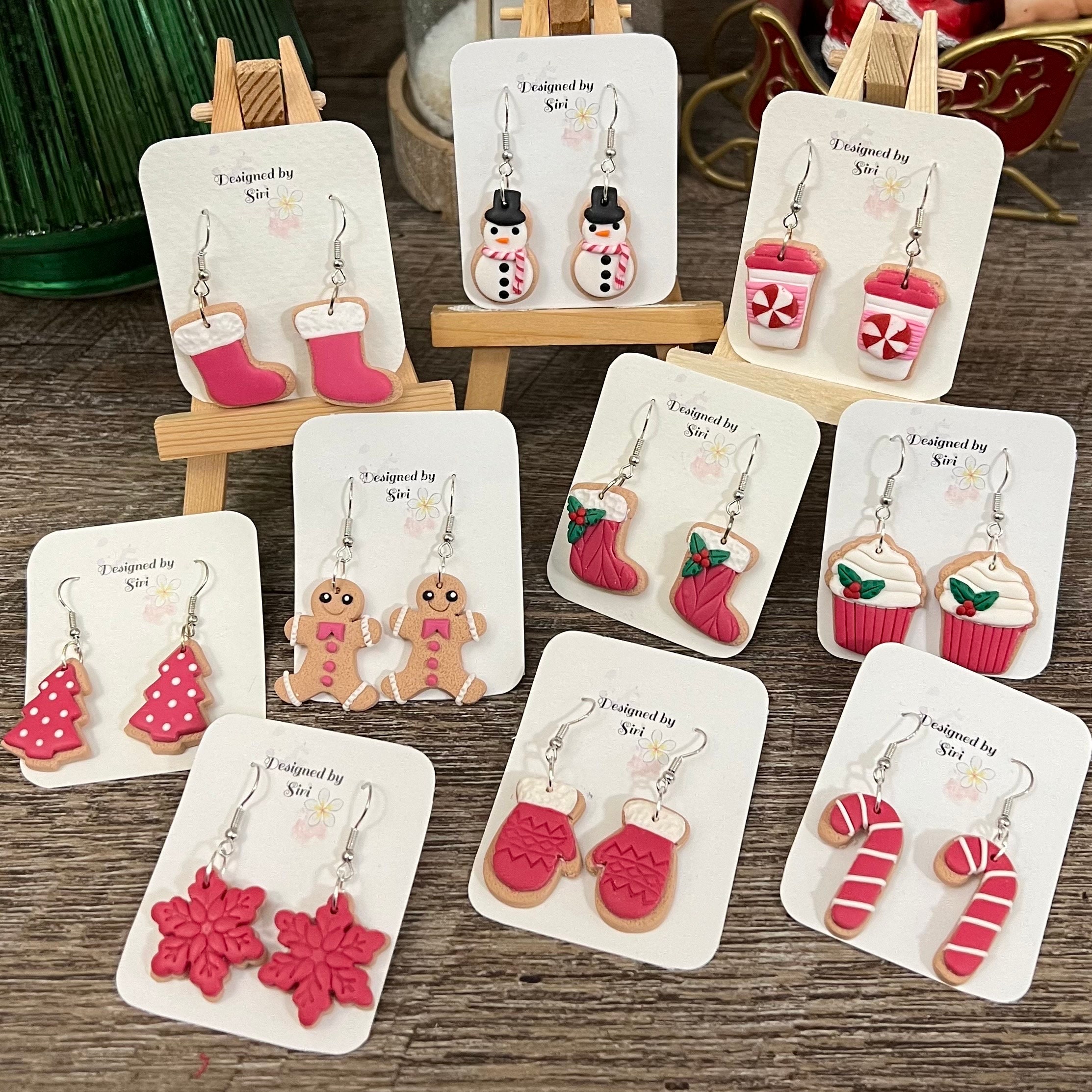 Pink Christmas Earrings, Snowman Earrings Clay, Fish Hook Wires Dangle Sugar Cookie Handmade Jewelry, Pine Tree Christmas Tree Earrings