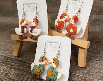 Autumn Fall Goose Earrings, Sugar Cookie Goose in Sweater Jewelry Made of Polymer Clay and Stainless Steel Wires Multiple Choices of Colors