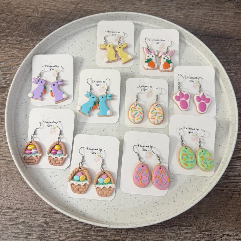 Easter Egg Basket Earrings 3D Polymer Clay Macaroon Basket Dangle Earrings,Bunny carrying Carrot Sugar Cookie Light Weight Handmade Jewelry image 1