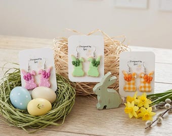 Pendientes de conejo de Pascua regordete con lazo y alambre de acero inoxidable, ligeros y coloridos, regalo perfecto para la primavera.