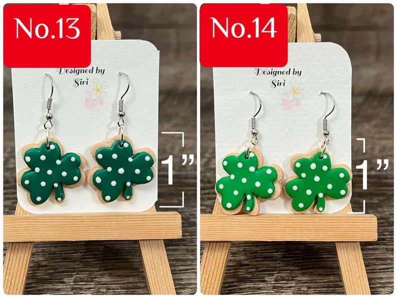 Örhängen i polymerlera, lyckobringande örhängen i grönrutigt shamrocks, kakörhängen, irländska gröna ombrehattar, muffinsörhängen bild 12