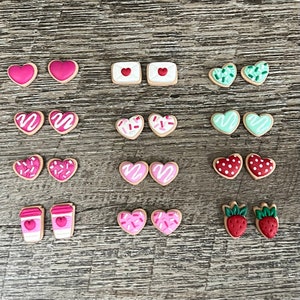Valentines Stud Earrings, 0.5 Inch Sugar Cookie Strawberry Heart Shape Earrings, Handmade Polymer Clay Stud Earrings with Silver Posts
