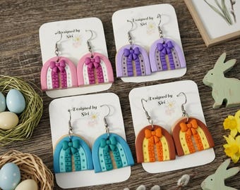 Pendientes colgantes con forma de arco y lazo en colores primaverales, pendientes coloridos de arcoíris pastel hechos de arcilla polimérica y ganchos de acero inoxidable.