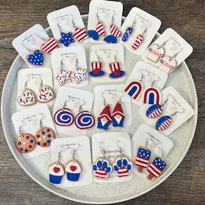 Patriotic Earrings 4th of July Polymer Clay, USA Flag Sugar Cookie Earrings, Light Weight Handmade Jewelry, Red White Blue Star Butterfly