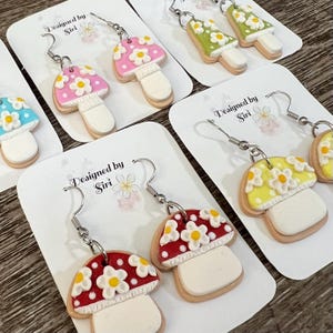Pastel Floral Mushroom Sugar Cookie Earrings made of Polymer Clay Attached with Stainless Steel Fish Hook Wires, Spring Flowers Earrings