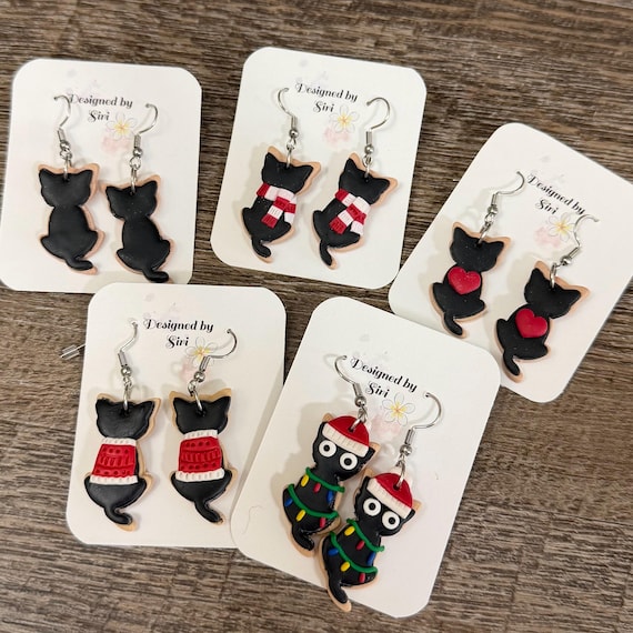 Black Cat Earrings, Cute Sugar Cookie Animal Handmade Jewelry made of Polymer Clay Earrings with Stainless Steel Fish Hooks, Cat Lover Gift