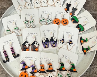 Halloween Sugar Cookie Ghost Earrings for Spooky Season, Jack-O-Lantern, Black Cat Earrings Made of Polymer Clay Good for Spooky Season Gift