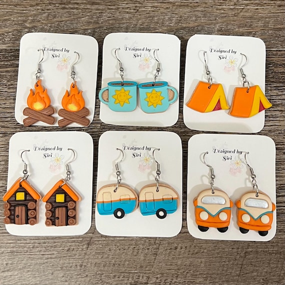 Camping Collection Earrings Made of Polymer Clay, Handmade Mini Bus Dangle Earrings with Stainless Steel Fish Hook Wires Super Light Weight