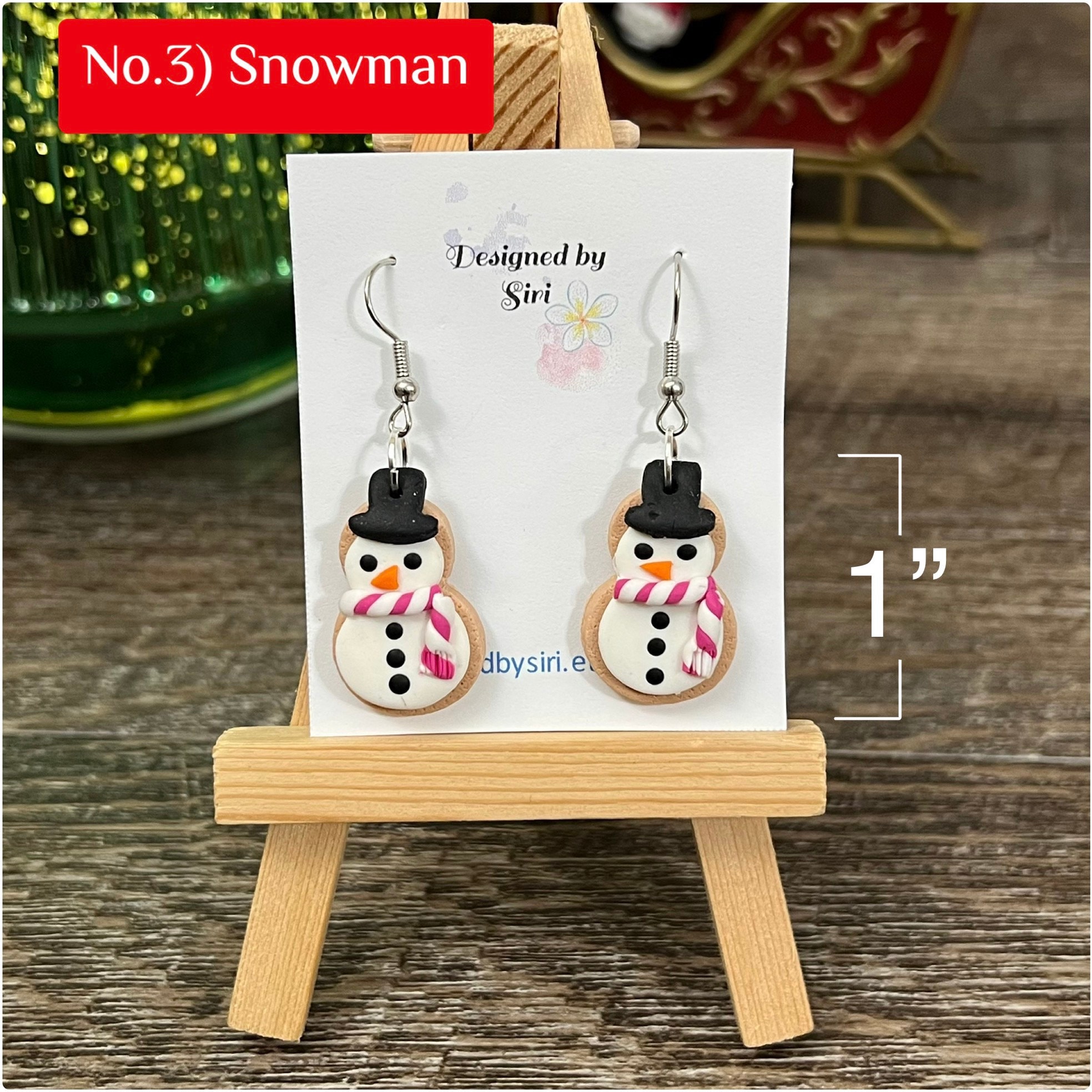 Pink Christmas Earrings, Snowman Earrings Clay, Fish Hook Wires Dangle Sugar Cookie Handmade Jewelry, Pine Tree Christmas Tree Earrings