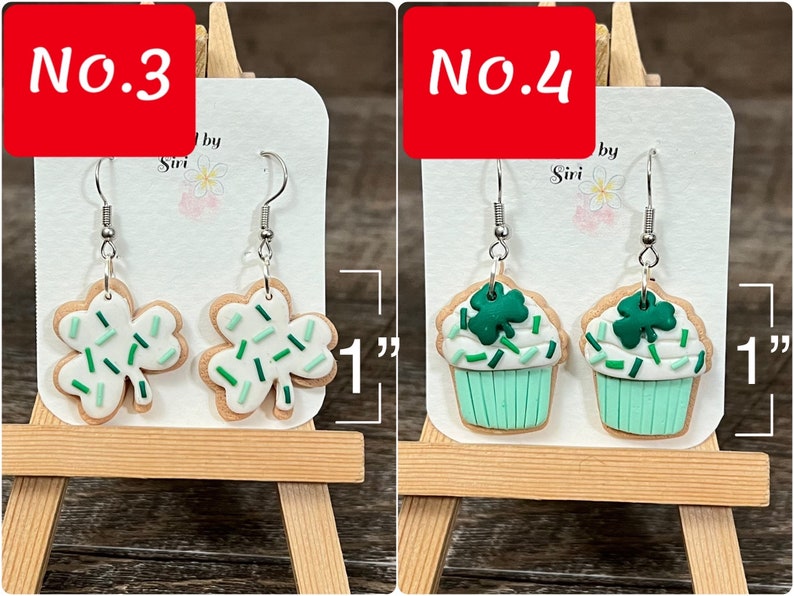 Örhängen i polymerlera, lyckobringande örhängen i grönrutigt shamrocks, kakörhängen, irländska gröna ombrehattar, muffinsörhängen bild 6