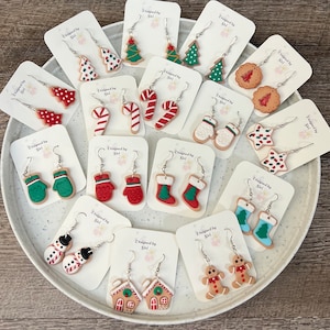 Christmas Polymer Clay Earrings 3D Polymer Clay Light Weight Fish Hook Wire Dangle Sugar Cookie Handmade Jewelry Sugar Cane Christmas Tree