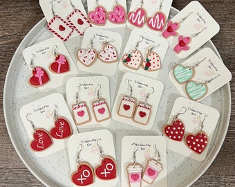 Valentines Day Earrings Polymer Clay Earrings Red pink Heart Cookie Love Earrings Light Weight Fish Hook Wires Sweater Mason Jar Earrings