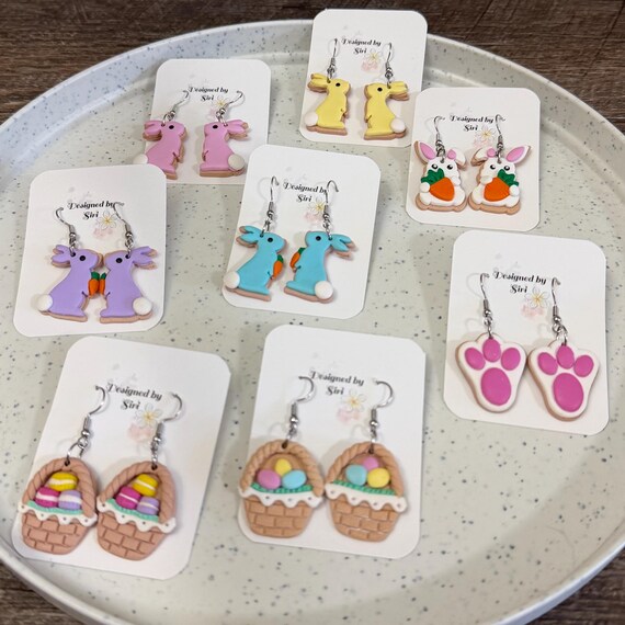 Easter Egg Basket Earrings 3D Polymer Clay Macaroon Basket Dangle Earrings,Bunny carrying Carrot Sugar Cookie Light Weight Handmade Jewelry