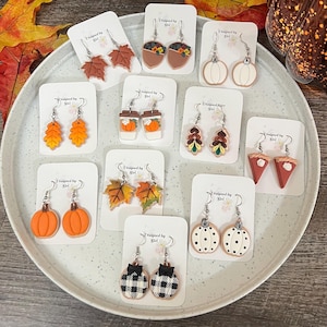 Fall Sugar Cookie Earrings Polymer Clay Cute Dangle Handmade Jewelry, Fall Leaf Acorn Coffee Mug Pumpkin Spice Latte Earrings