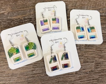 Pendientes colgantes con forma de libro y planta, regalo para amantes de los libros y bibliotecarios. Joyas ligeras hechas a mano de arcilla polimérica. Múltiples colores.