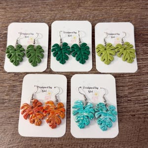 Tropical Monstera Leaf Earrings Made of Polymer Clay Super Light Weight with Stainless Steel Fish Hook Wires, Multiple Colors Leaf to Choose
