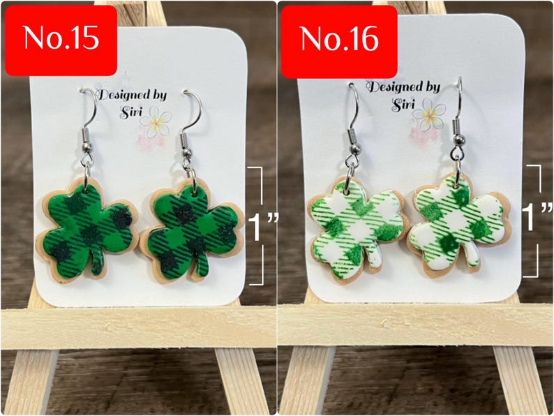 Örhängen i polymerlera, lyckobringande örhängen i grönrutigt shamrocks, kakörhängen, irländska gröna ombrehattar, muffinsörhängen bild 13