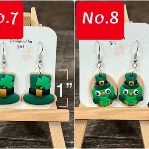 Örhängen i polymerlera, lyckobringande örhängen i grönrutigt shamrocks, kakörhängen, irländska gröna ombrehattar, muffinsörhängen bild 8