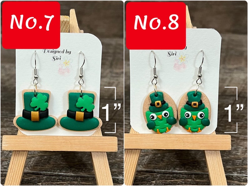 Örhängen i polymerlera, lyckobringande örhängen i grönrutigt shamrocks, kakörhängen, irländska gröna ombrehattar, muffinsörhängen bild 8