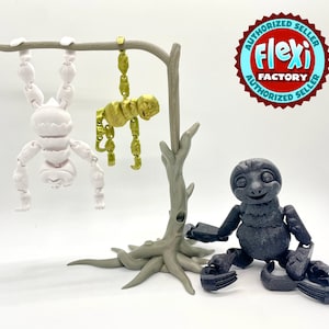 May include: Three articulated figures hanging from a tree branch. The figures are a white sloth, a gold sloth, and a black sloth. The figures are all posable and have a variety of joints. The tree branch is made of a gray plastic.