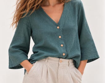 Oversized Linen Shirt Sewing Pattern, Women's V Neck Blouse Pattern, Easy PDF Sewing Pattern