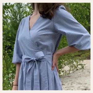 DIY Wrap Dress PDF Sewing Pattern Puff Sleeve Dress Pattern Women Midi Dress with Puffy Sleeve and Elastic Cuffs Wrap Dress Sewing Pattern