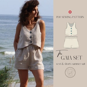 Casual Chic Women's Vest and Shorts PDF Sewing Patterns, Vest with Buttons, Elastic Waist Shorts, Sewing Instructions, and Video Tutorial