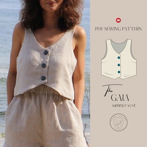 Vest for Women PDF Sewing Pattern, Summer Tank Top, Waistcoat Pattern, Sewing Instructions, Sleeveless Crop Top with Buttons, Vest Crop Top